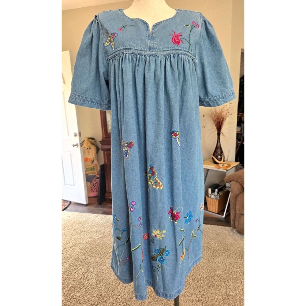 Vintage Gunit Fashions New York Embroidered Denim Dress L Cotton Butterflies